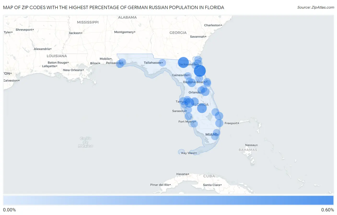 Zip Codes with the Highest Percentage of German Russian Population in Florida Map