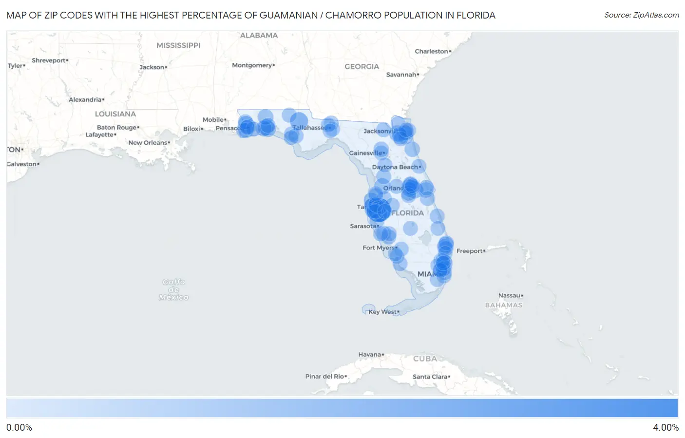 Zip Codes with the Highest Percentage of Guamanian / Chamorro Population in Florida Map