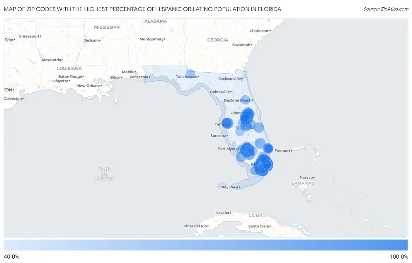 Zip Codes with the Highest Percentage of Hispanic or Latino Population in Florida Map