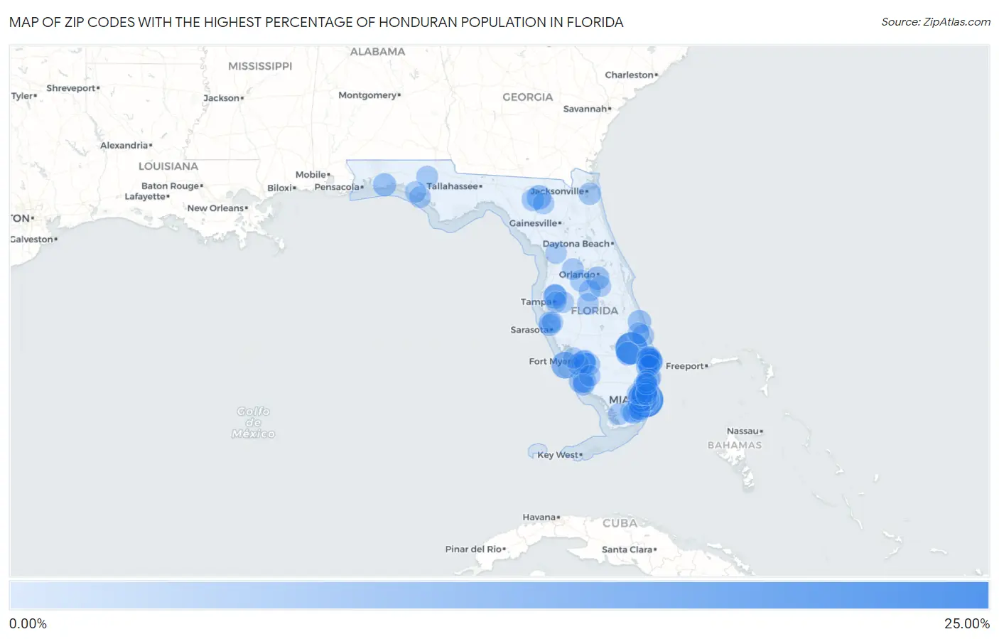 Zip Codes with the Highest Percentage of Honduran Population in Florida Map