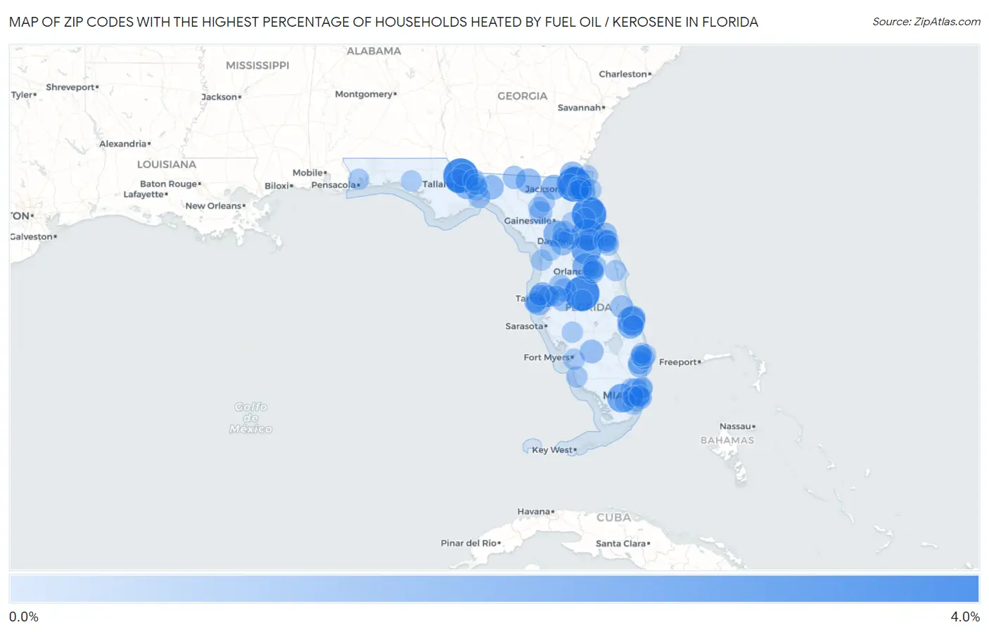 Zip Codes with the Highest Percentage of Households Heated by Fuel Oil / Kerosene in Florida Map