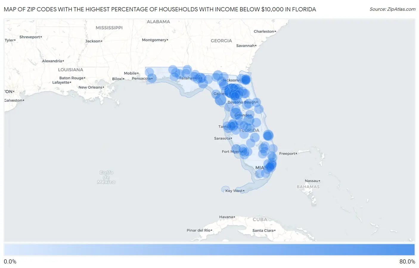 Zip Codes with the Highest Percentage of Households with Income Below $10,000 in Florida Map