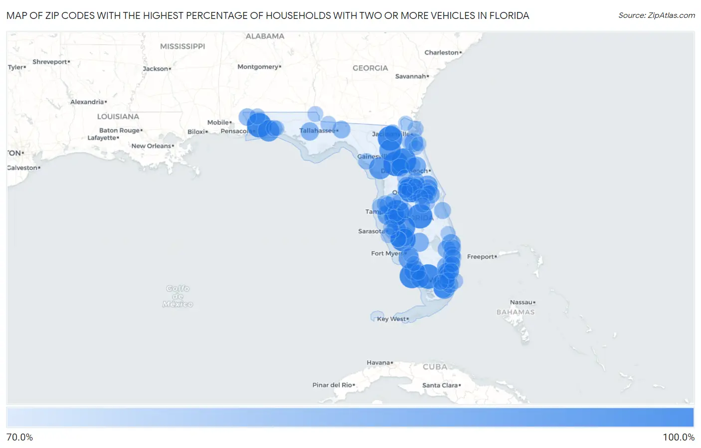 Zip Codes with the Highest Percentage of Households With Two or more Vehicles in Florida Map