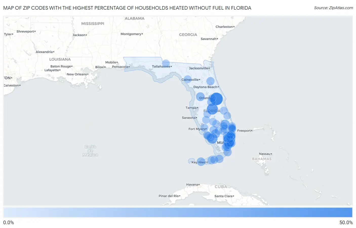 Zip Codes with the Highest Percentage of Households Heated without Fuel in Florida Map