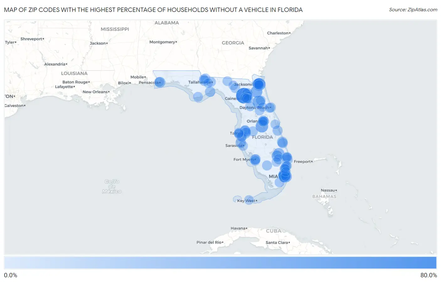 Zip Codes with the Highest Percentage of Households Without a Vehicle in Florida Map
