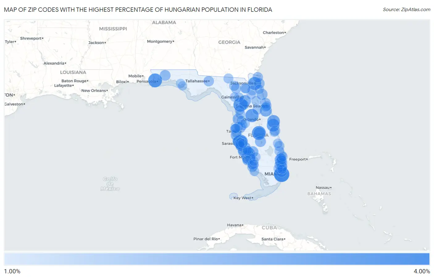 Zip Codes with the Highest Percentage of Hungarian Population in Florida Map
