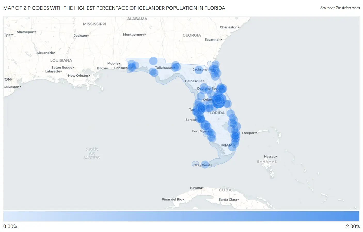 Zip Codes with the Highest Percentage of Icelander Population in Florida Map