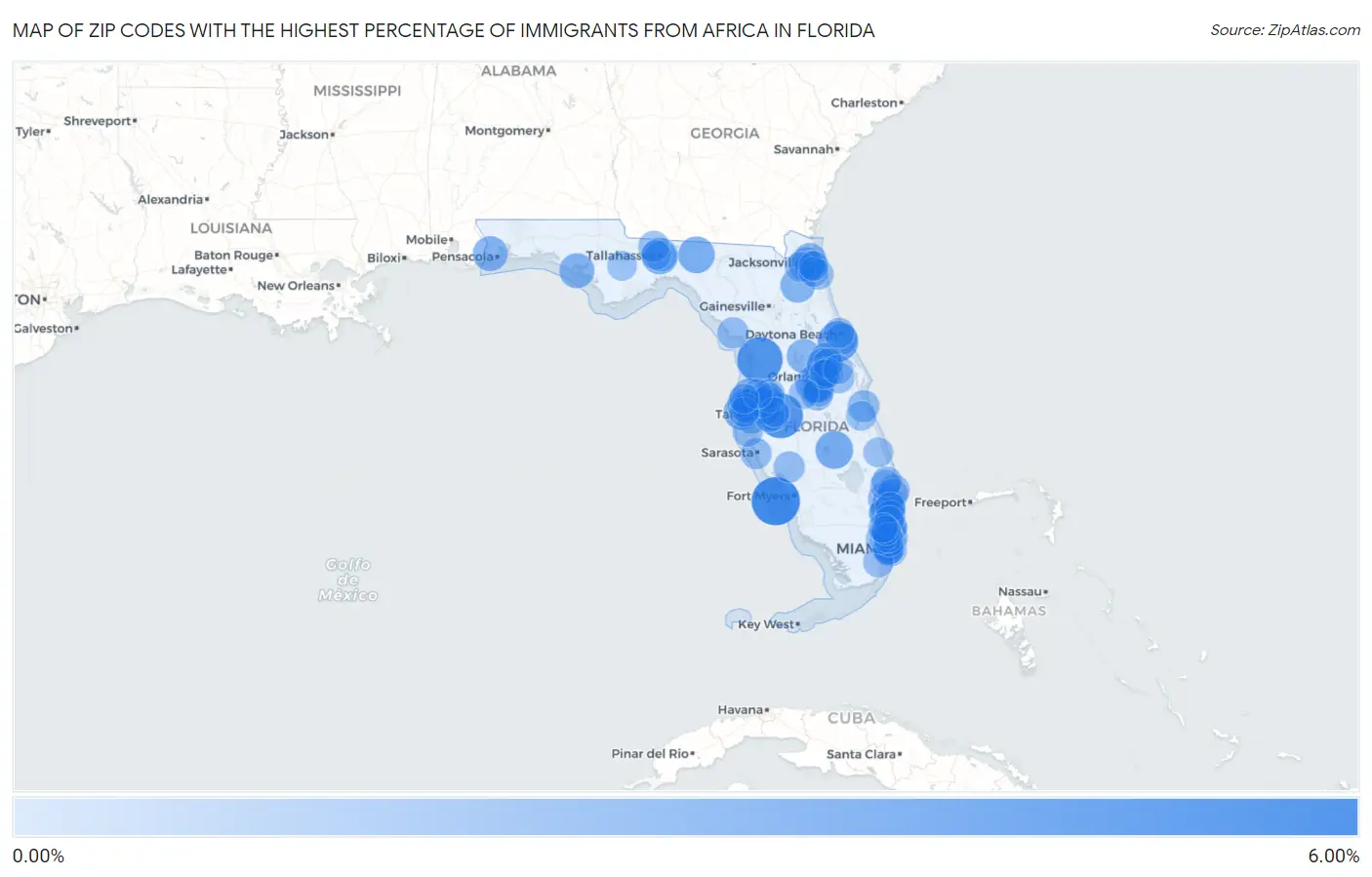 Zip Codes with the Highest Percentage of Immigrants from Africa in Florida Map