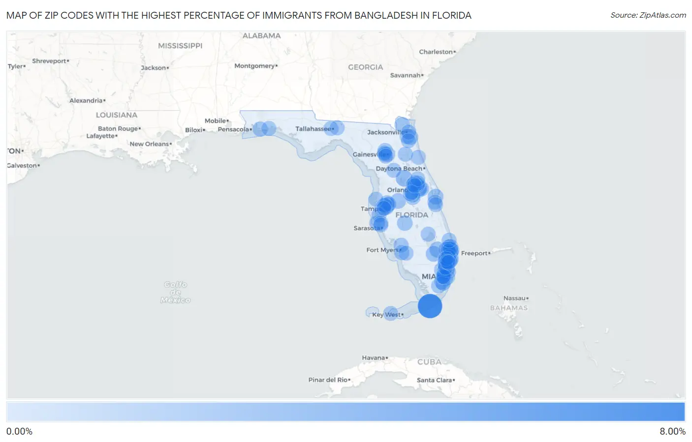 Zip Codes with the Highest Percentage of Immigrants from Bangladesh in Florida Map