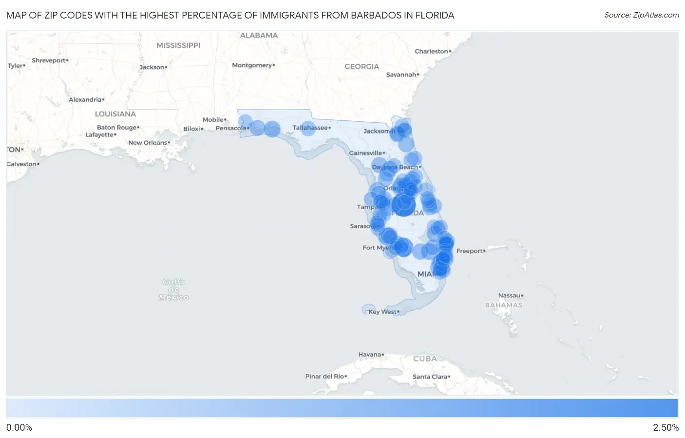 Zip Codes with the Highest Percentage of Immigrants from Barbados in Florida Map