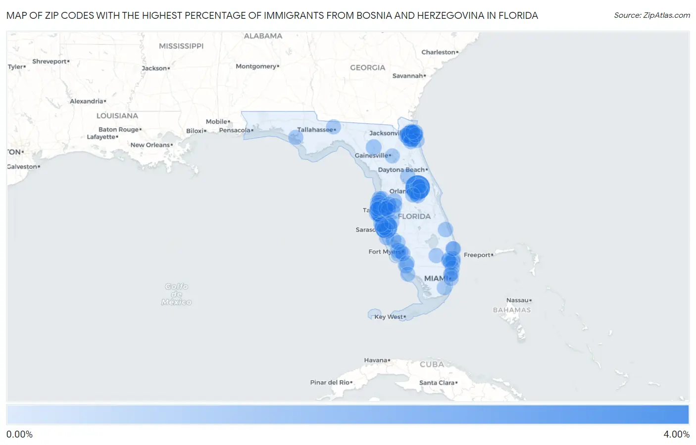 Zip Codes with the Highest Percentage of Immigrants from Bosnia and Herzegovina in Florida Map