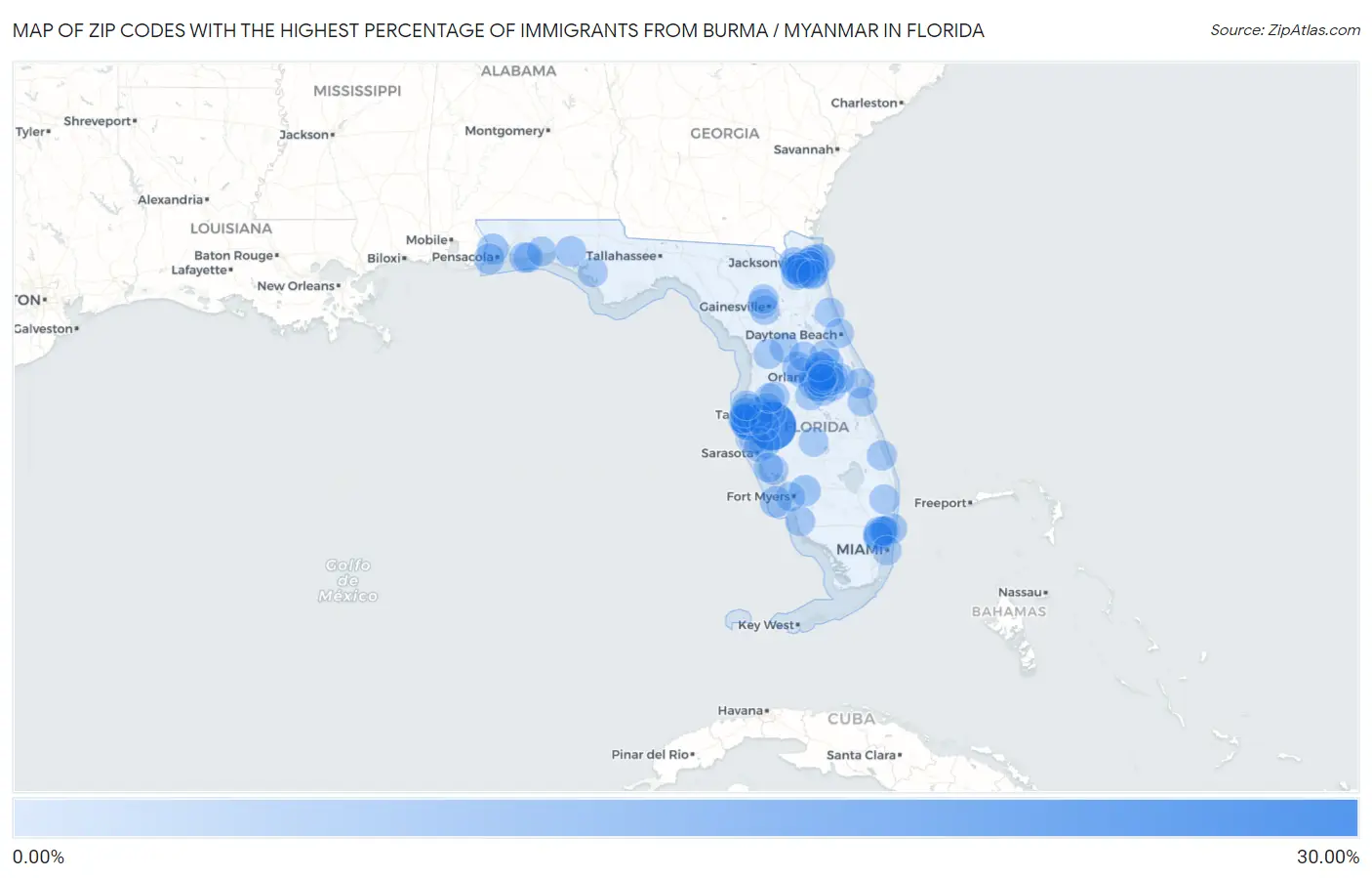 Zip Codes with the Highest Percentage of Immigrants from Burma / Myanmar in Florida Map