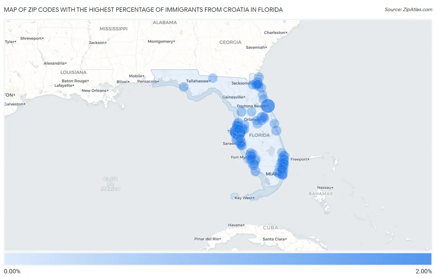 Zip Codes with the Highest Percentage of Immigrants from Croatia in Florida Map