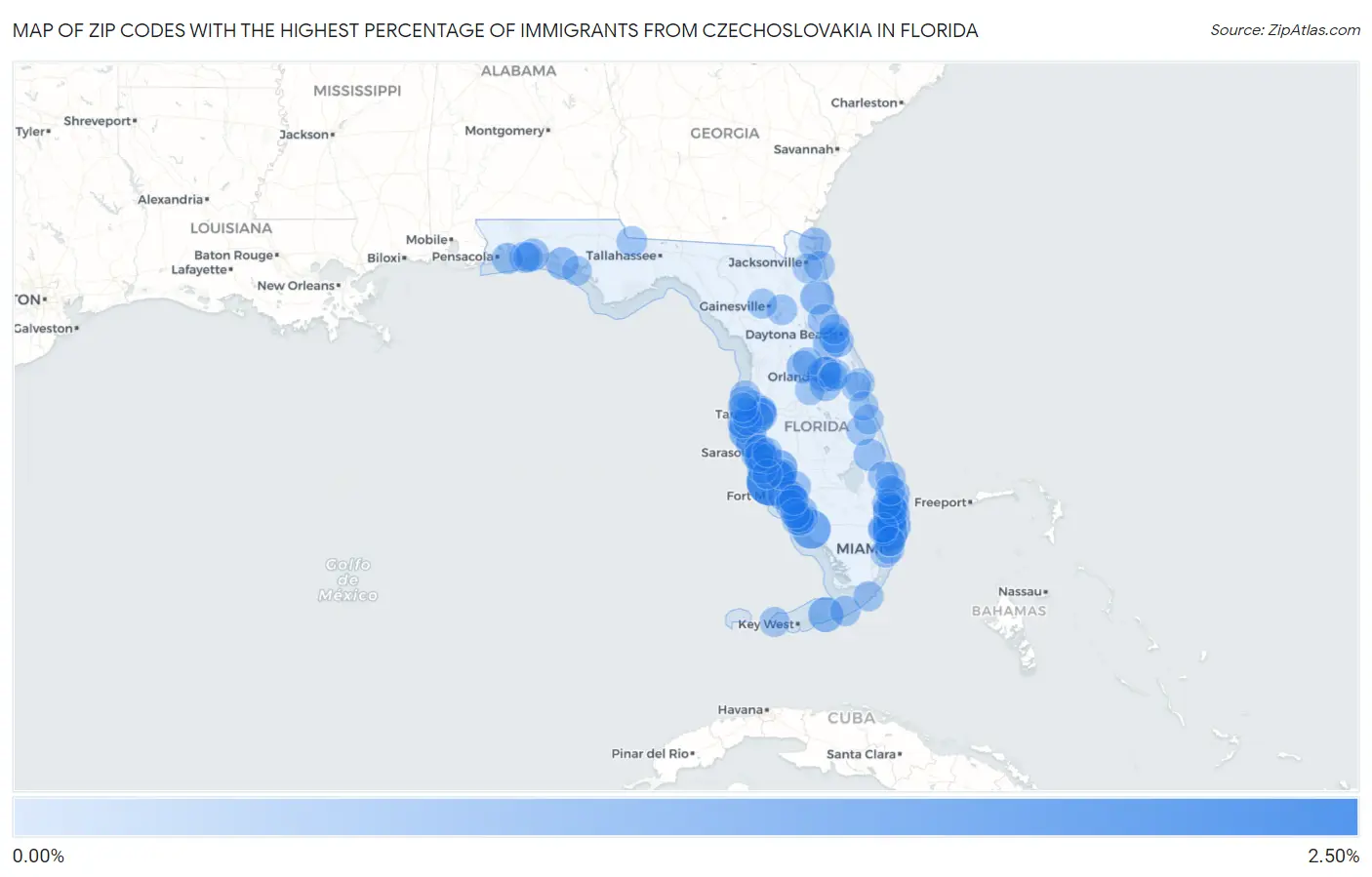 Zip Codes with the Highest Percentage of Immigrants from Czechoslovakia in Florida Map