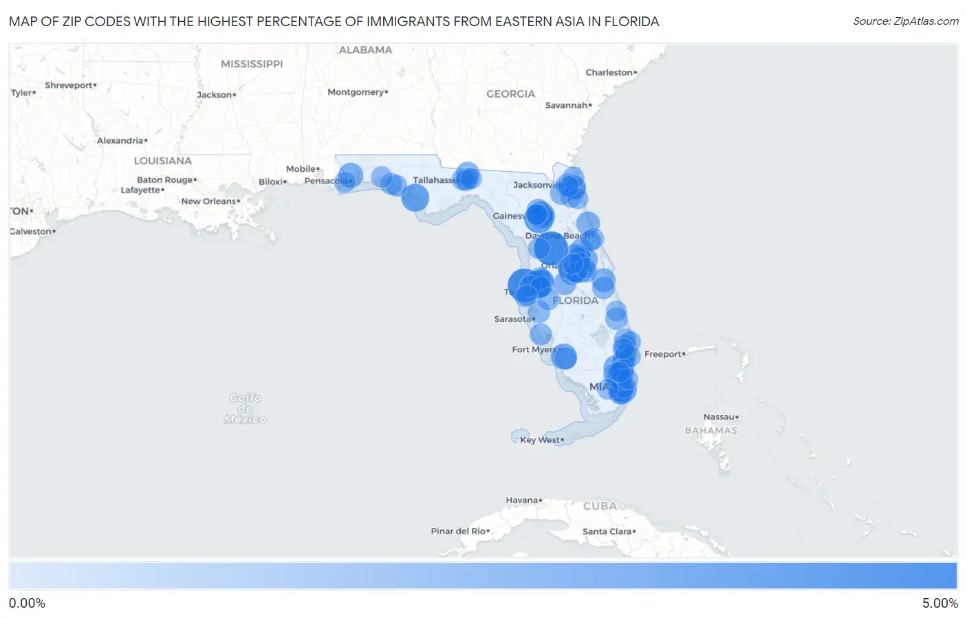 Zip Codes with the Highest Percentage of Immigrants from Eastern Asia in Florida Map