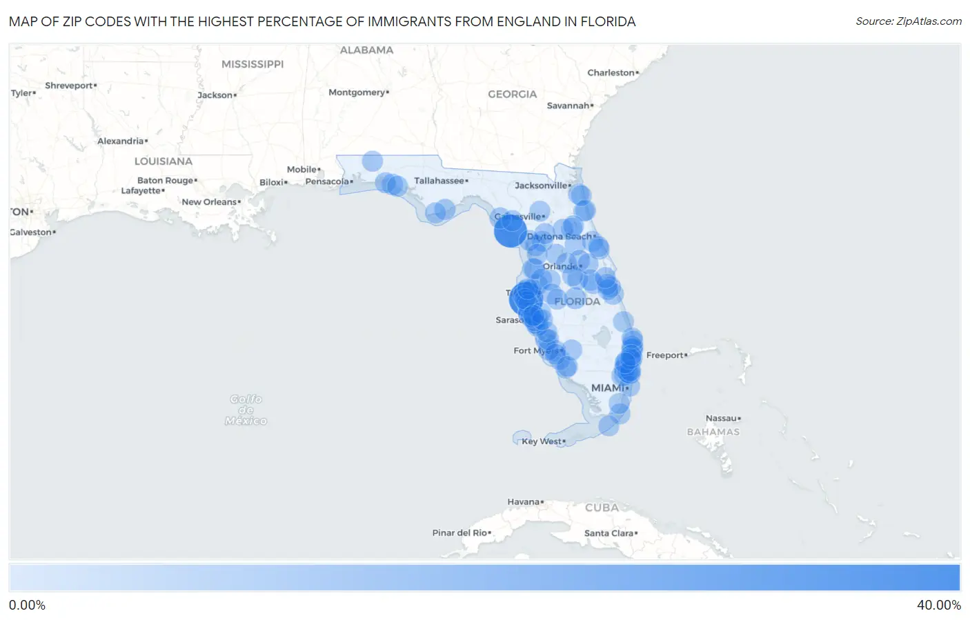 Zip Codes with the Highest Percentage of Immigrants from England in Florida Map