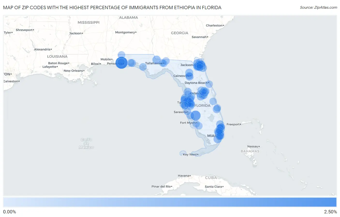 Zip Codes with the Highest Percentage of Immigrants from Ethiopia in Florida Map