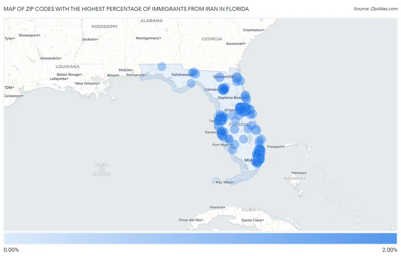Zip Codes with the Highest Percentage of Immigrants from Iran in Florida Map