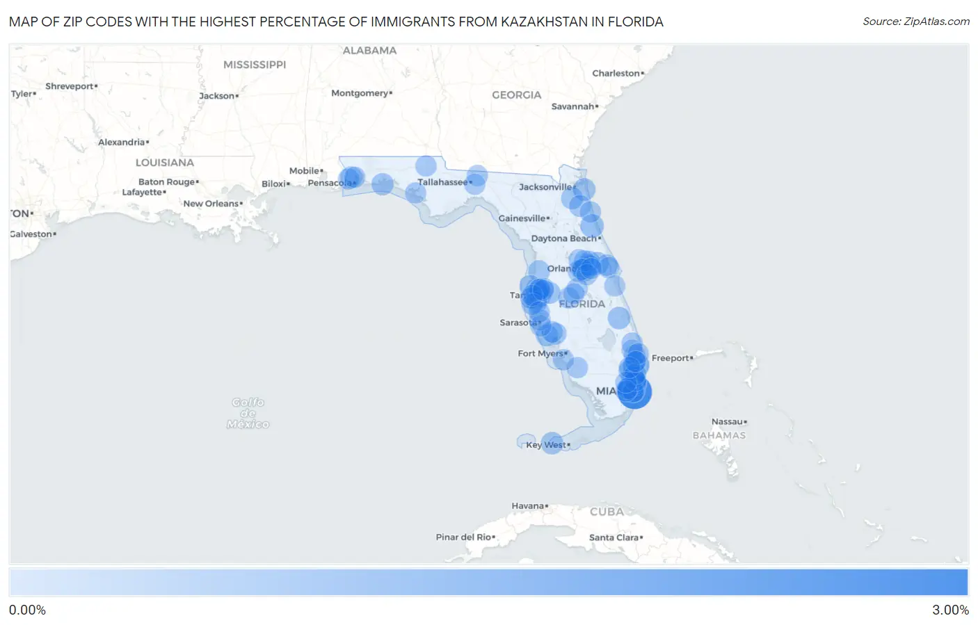 Zip Codes with the Highest Percentage of Immigrants from Kazakhstan in Florida Map