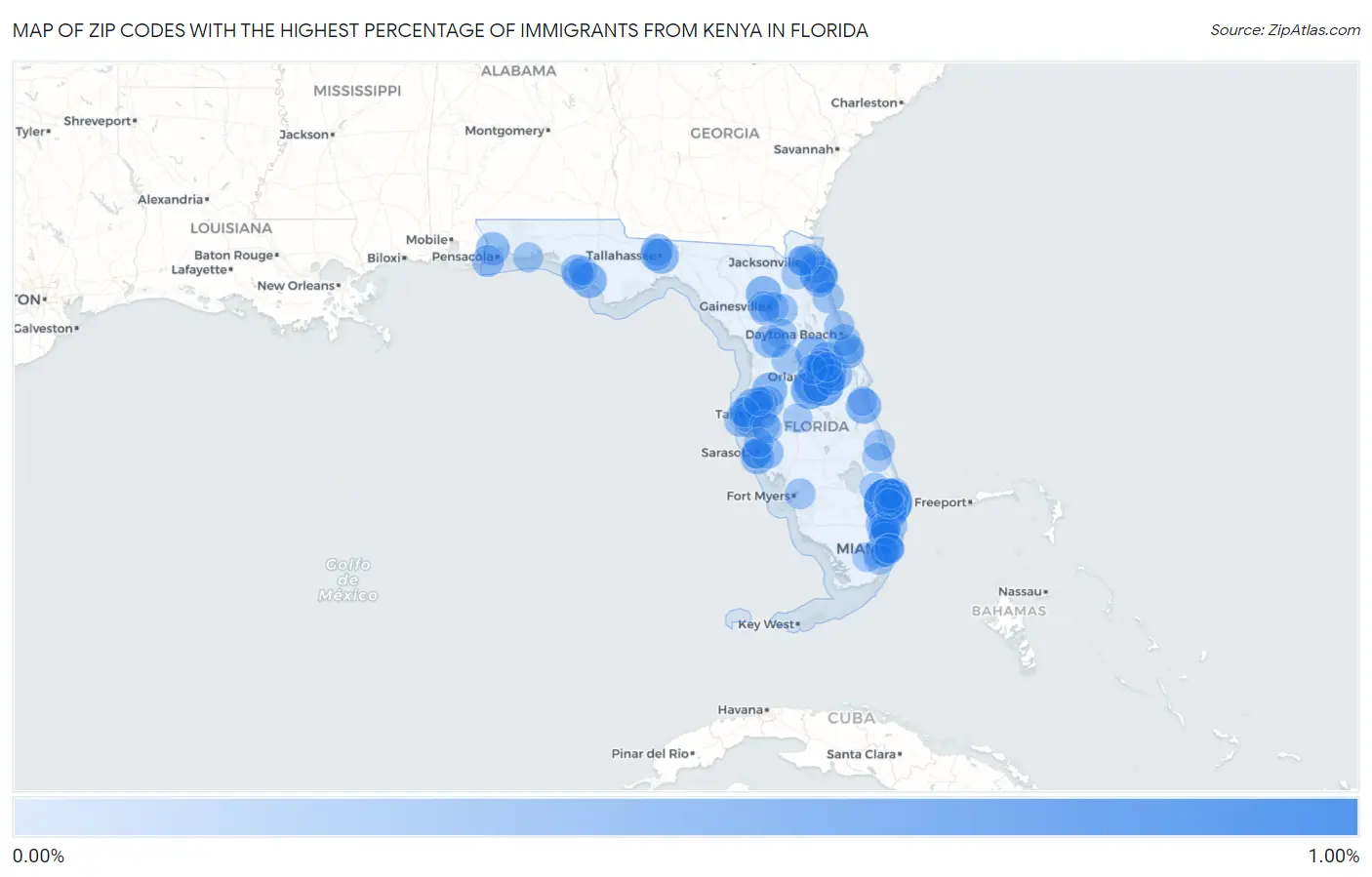 Zip Codes with the Highest Percentage of Immigrants from Kenya in Florida Map
