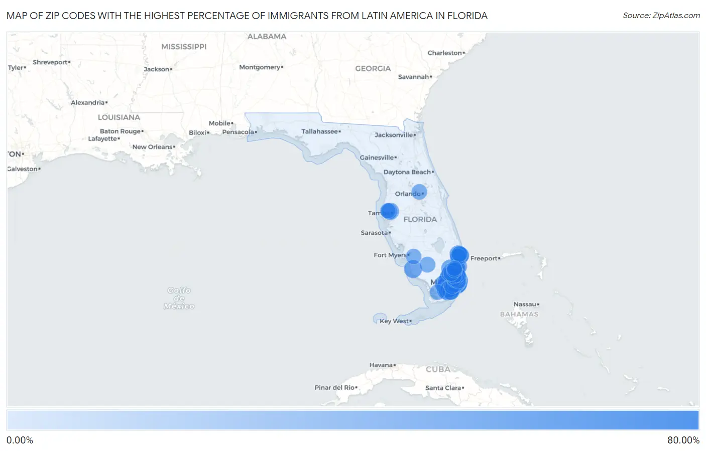 Zip Codes with the Highest Percentage of Immigrants from Latin America in Florida Map