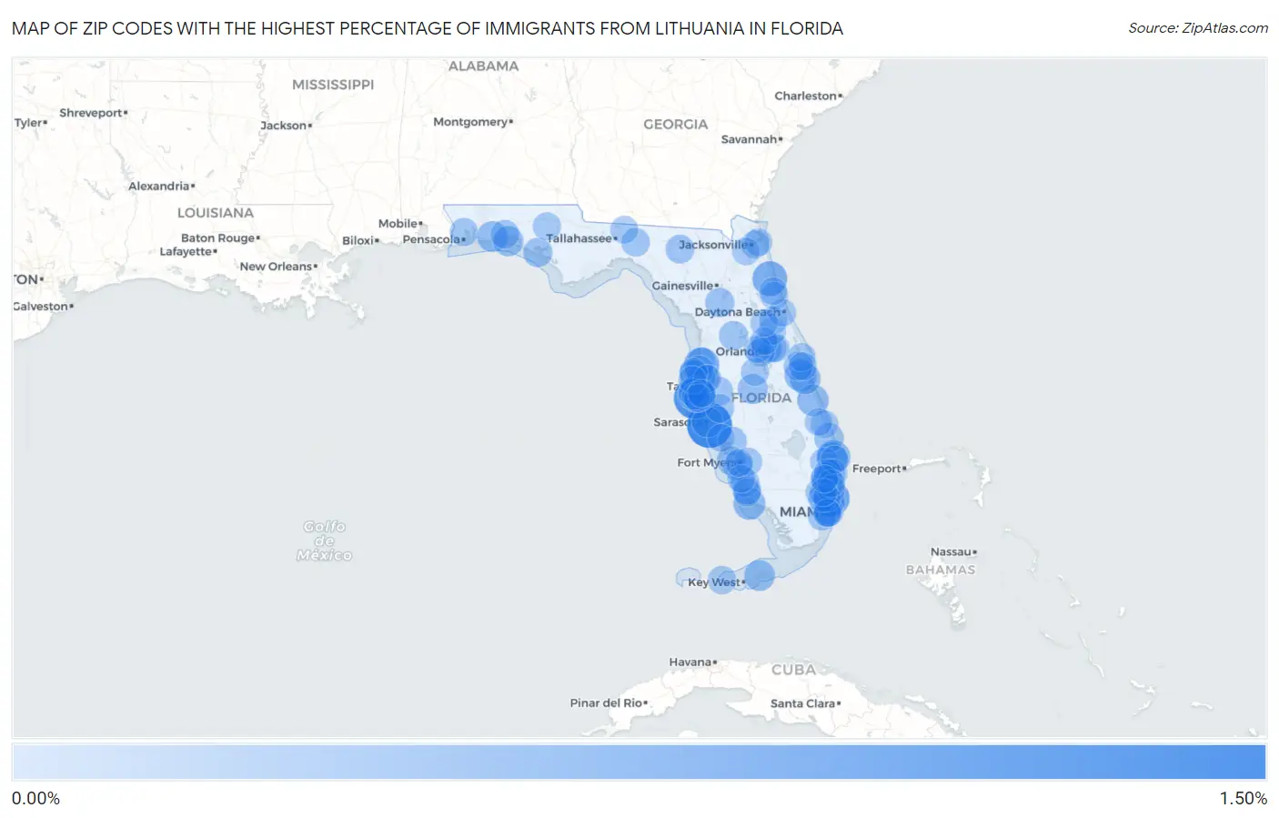 Zip Codes with the Highest Percentage of Immigrants from Lithuania in Florida Map