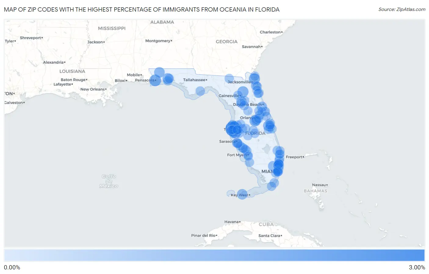 Zip Codes with the Highest Percentage of Immigrants from Oceania in Florida Map