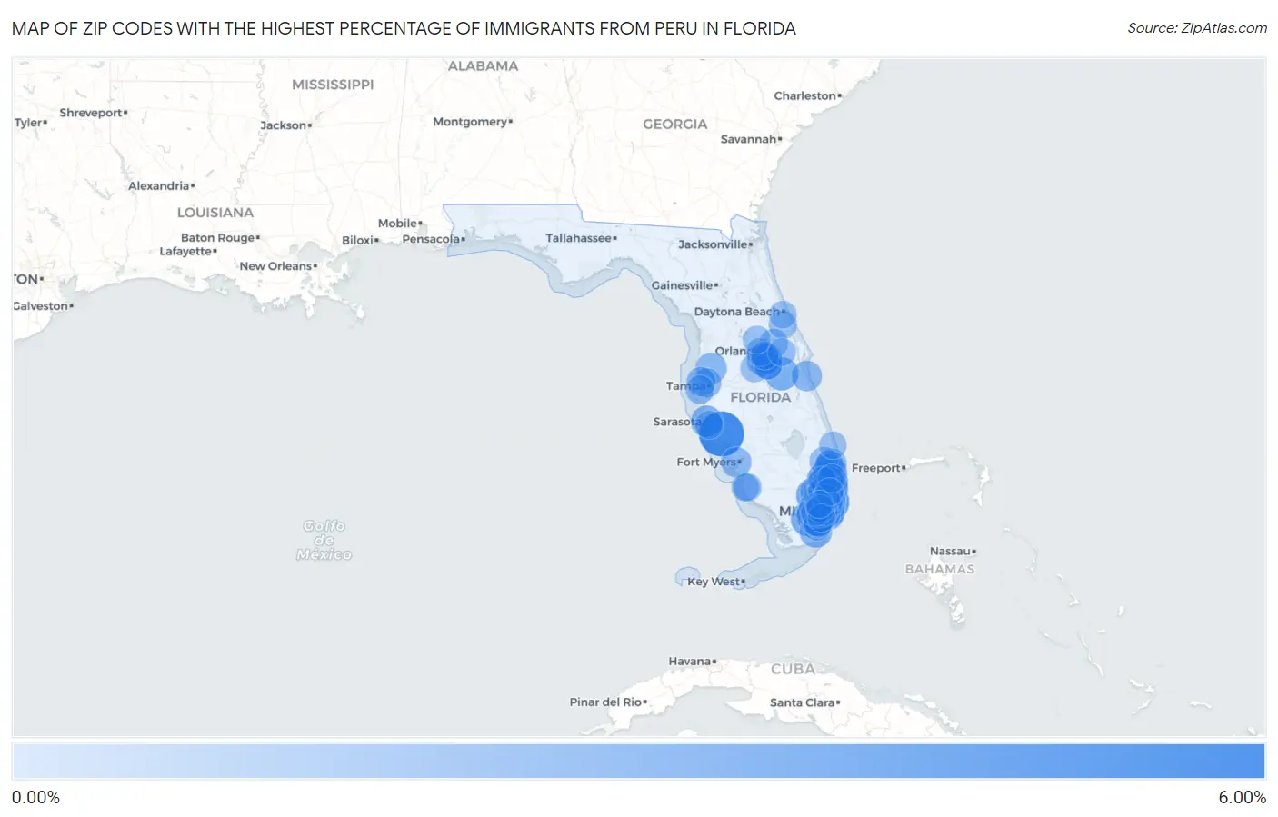 Zip Codes with the Highest Percentage of Immigrants from Peru in Florida Map