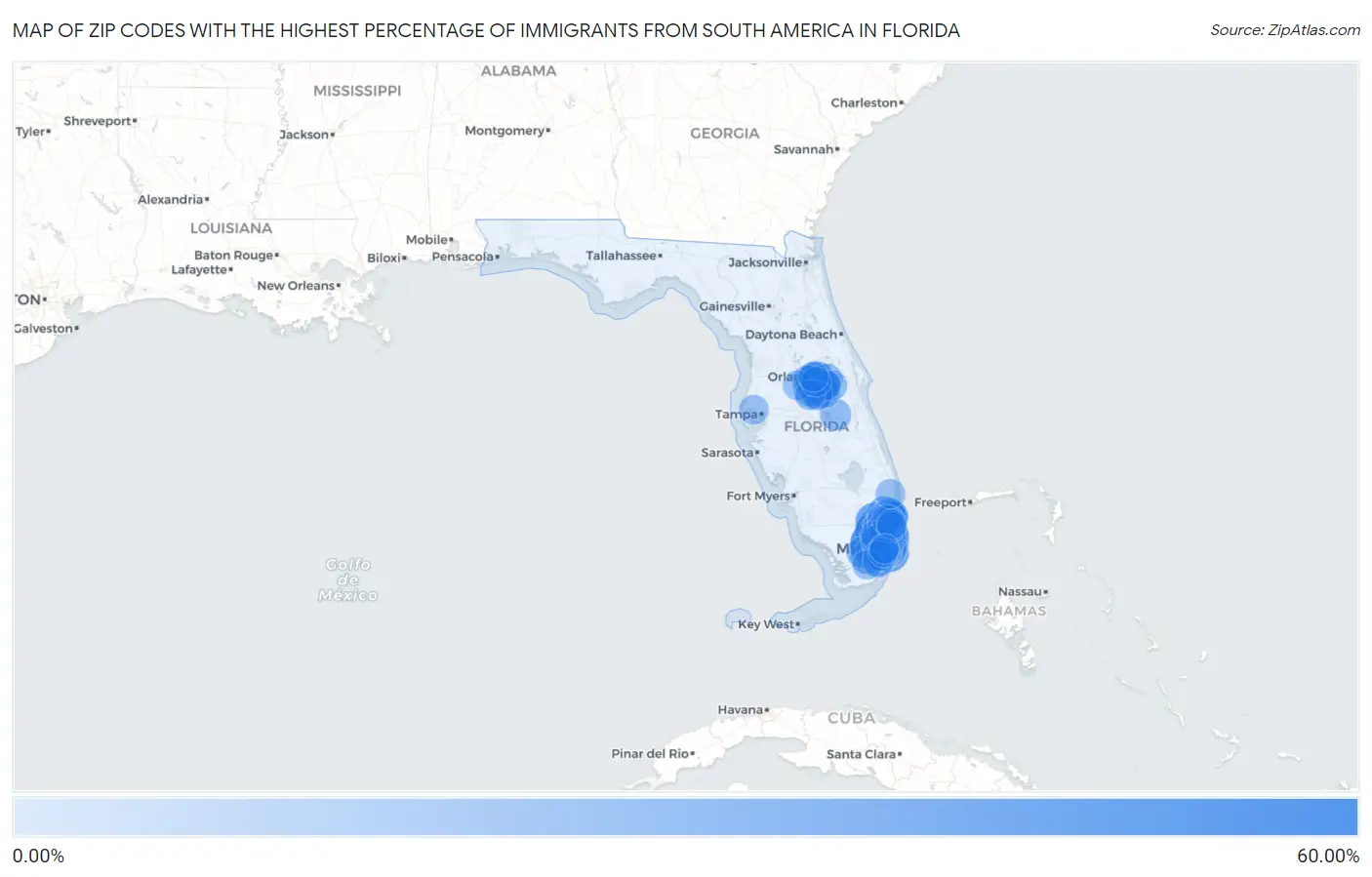 Zip Codes with the Highest Percentage of Immigrants from South America in Florida Map
