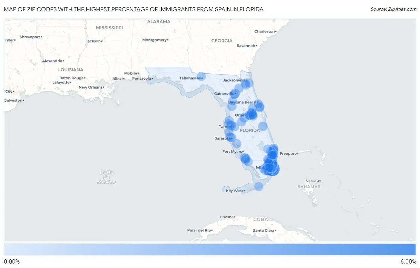 Zip Codes with the Highest Percentage of Immigrants from Spain in Florida Map