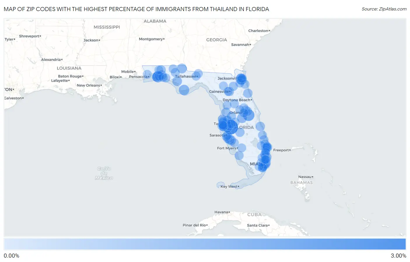 Zip Codes with the Highest Percentage of Immigrants from Thailand in Florida Map