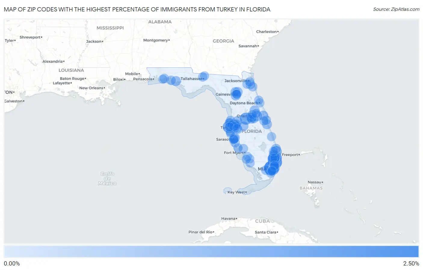 Zip Codes with the Highest Percentage of Immigrants from Turkey in Florida Map
