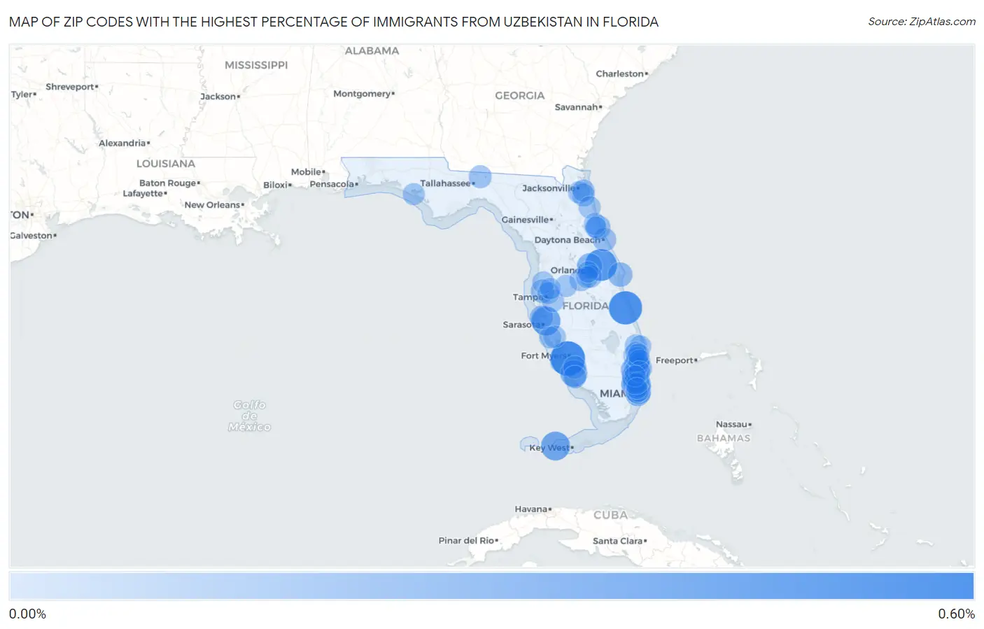 Zip Codes with the Highest Percentage of Immigrants from Uzbekistan in Florida Map