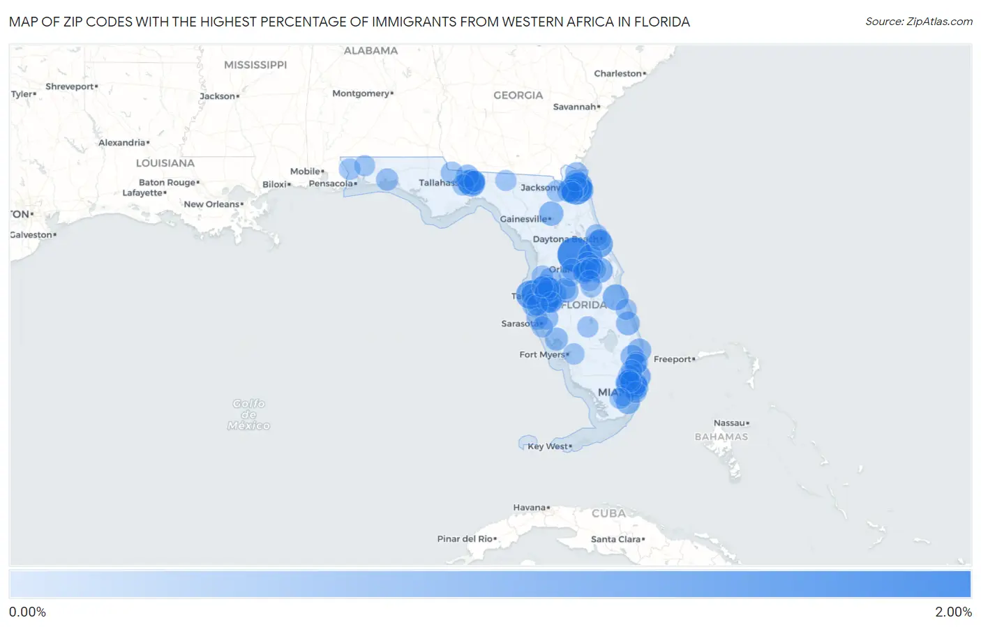 Zip Codes with the Highest Percentage of Immigrants from Western Africa in Florida Map