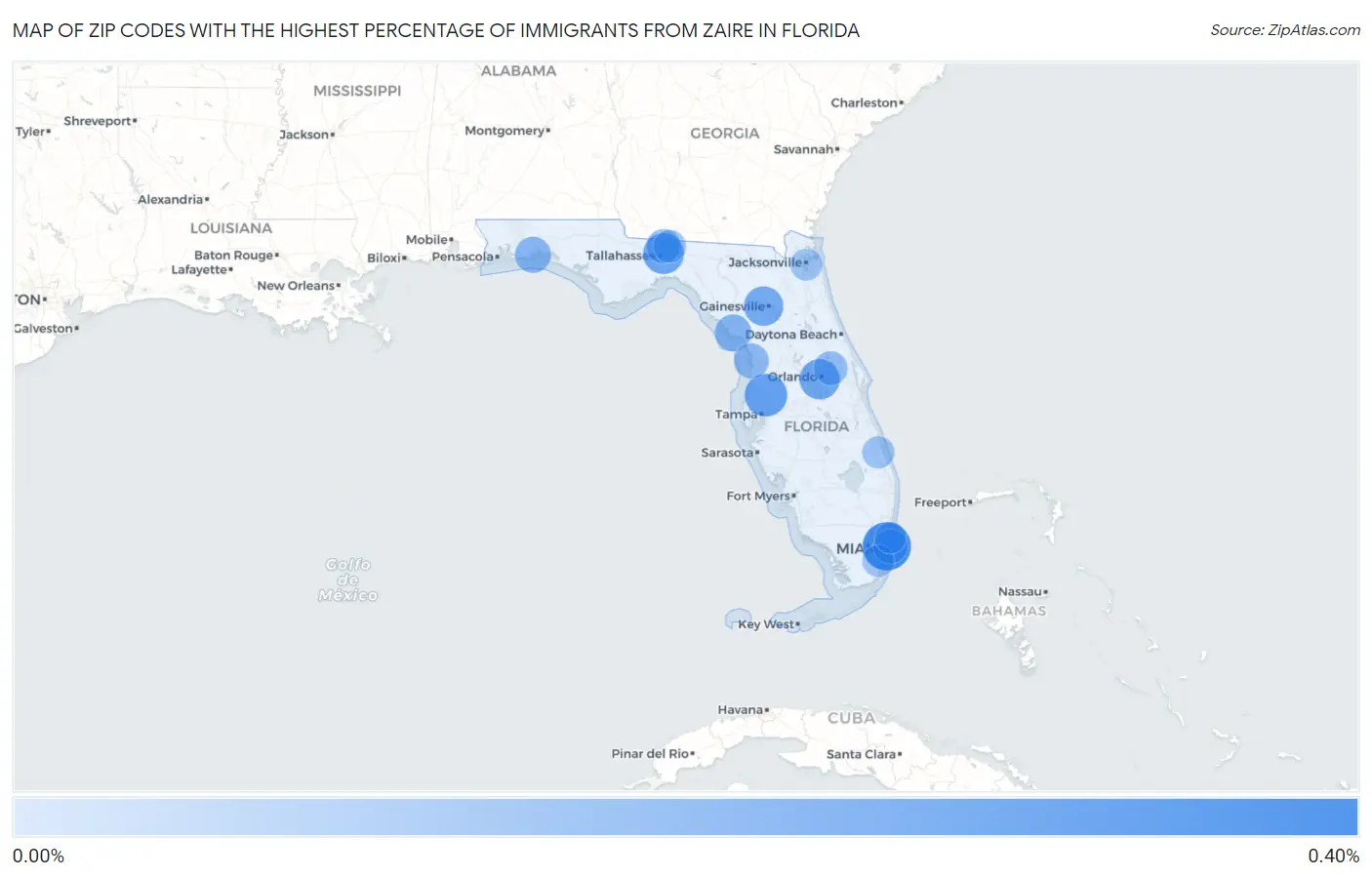 Zip Codes with the Highest Percentage of Immigrants from Zaire in Florida Map