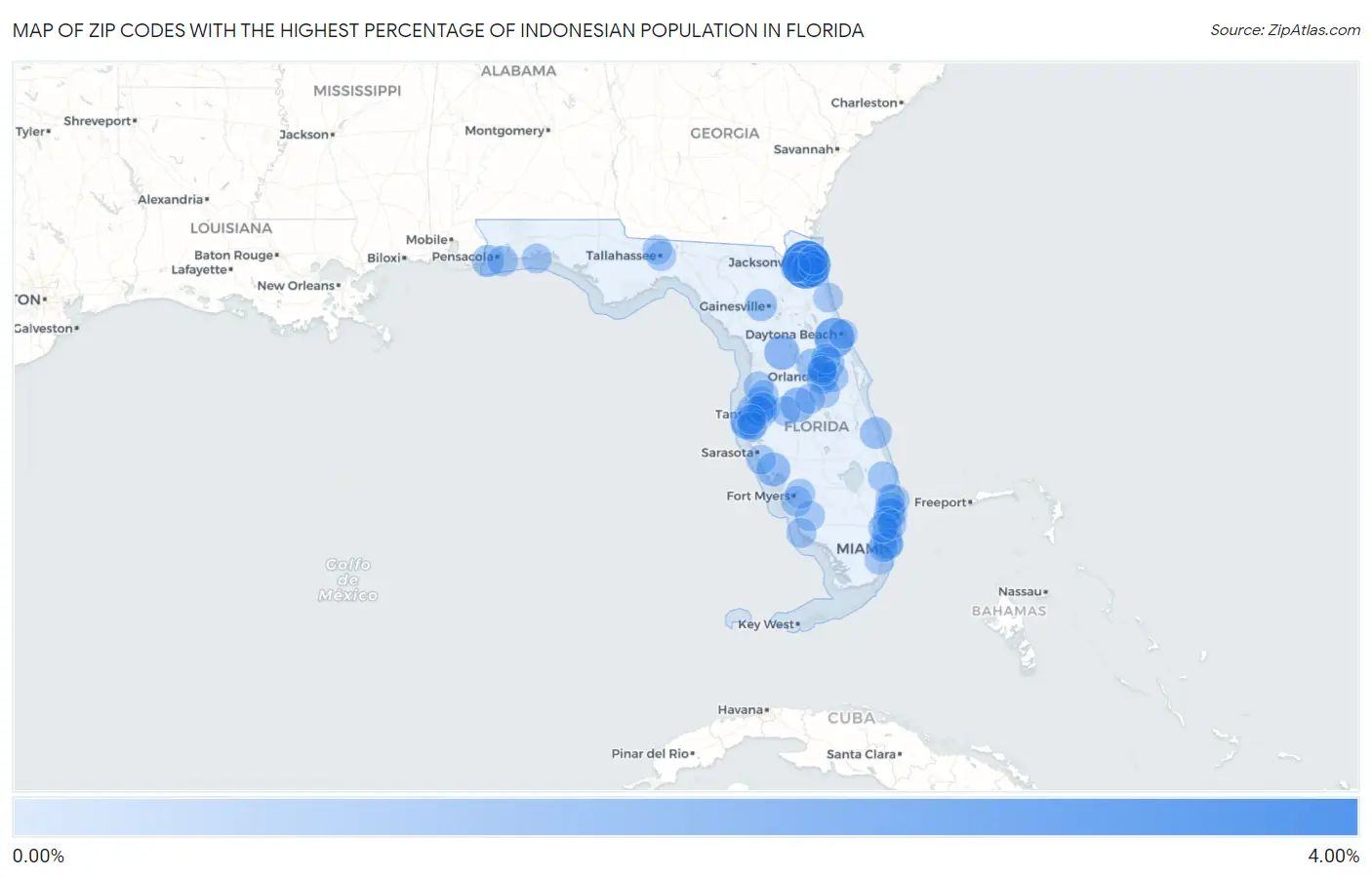 Zip Codes with the Highest Percentage of Indonesian Population in Florida Map