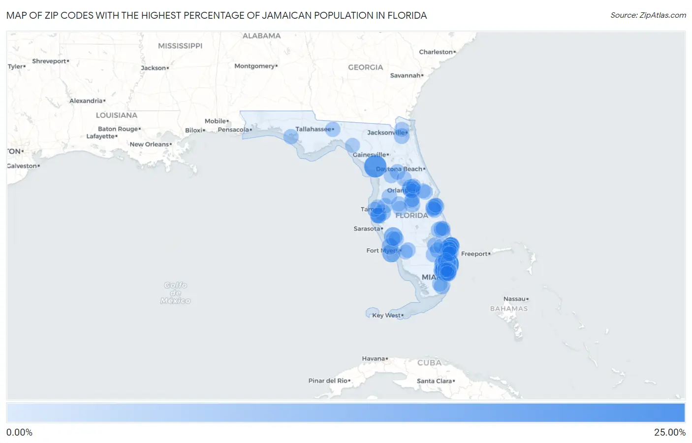 Zip Codes with the Highest Percentage of Jamaican Population in Florida Map