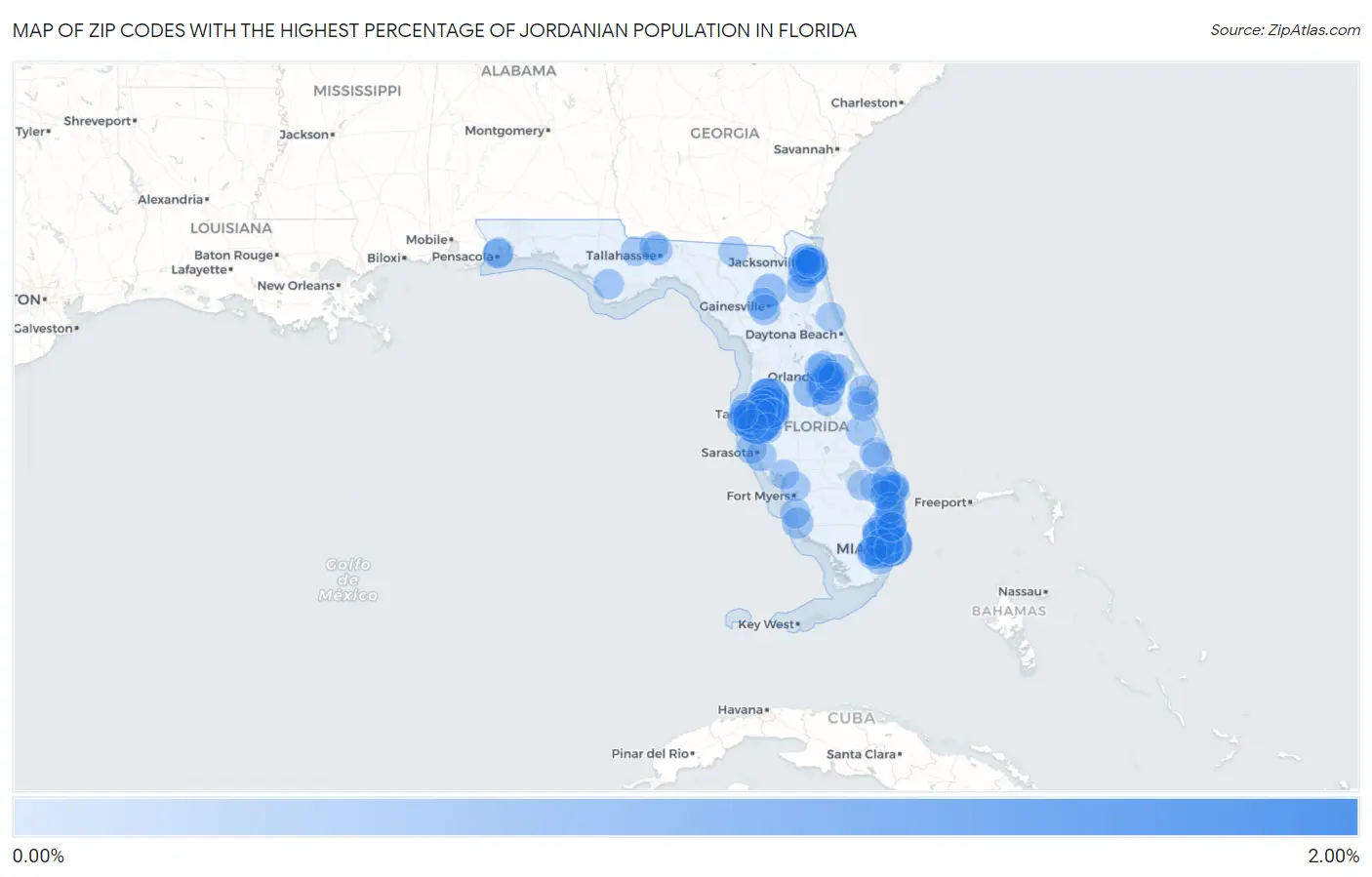 Zip Codes with the Highest Percentage of Jordanian Population in Florida Map