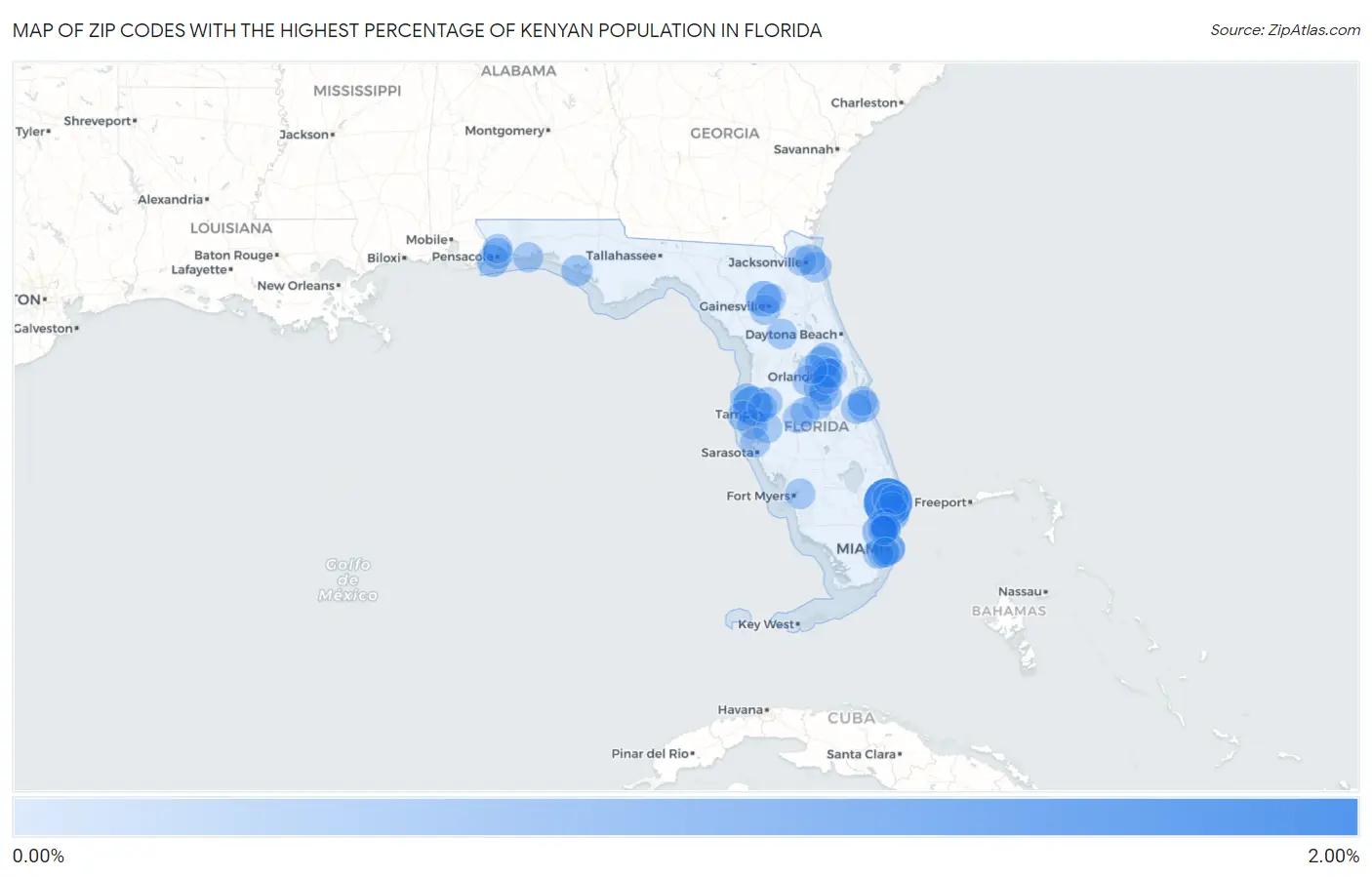 Zip Codes with the Highest Percentage of Kenyan Population in Florida Map