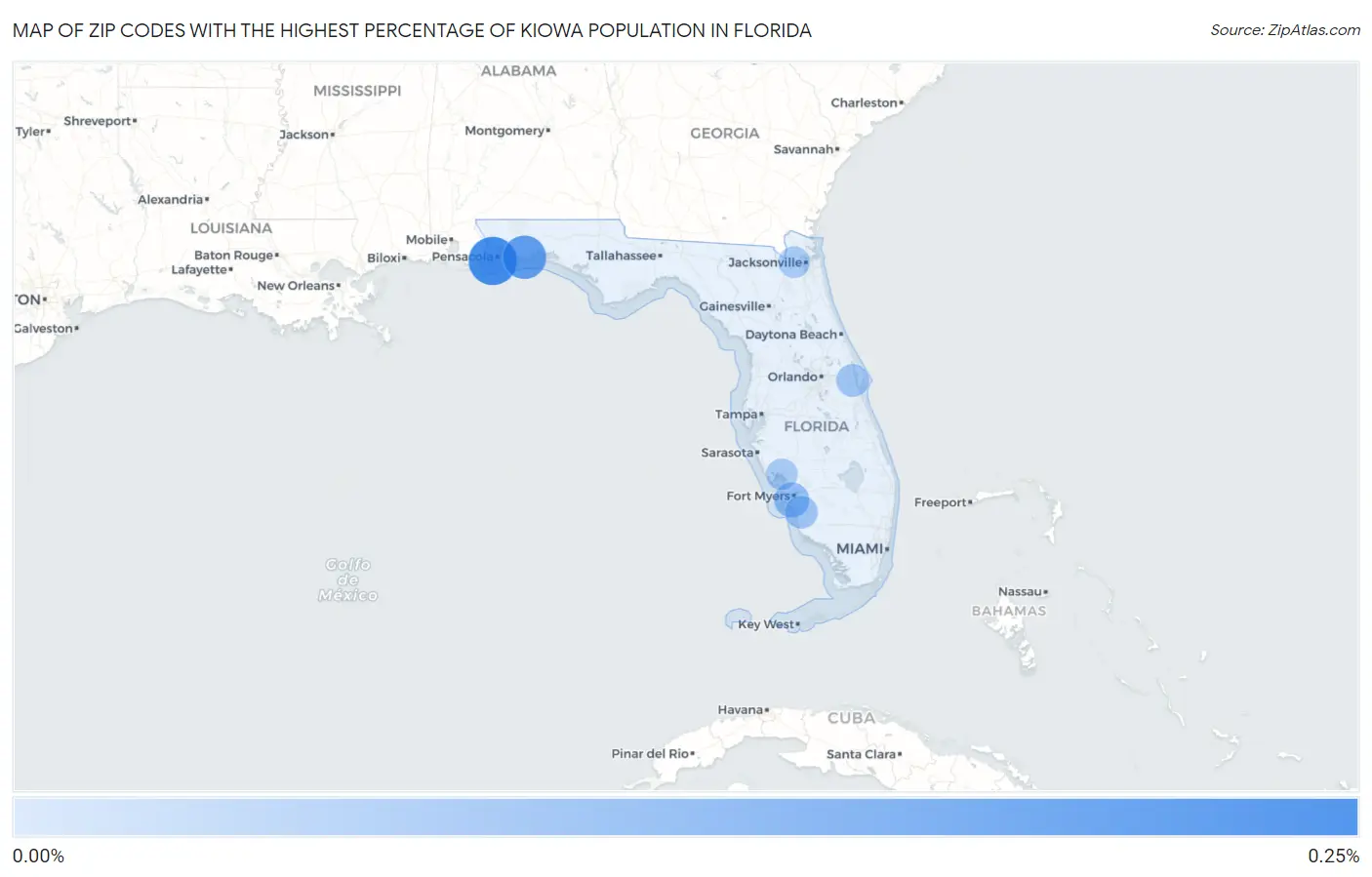 Zip Codes with the Highest Percentage of Kiowa Population in Florida Map