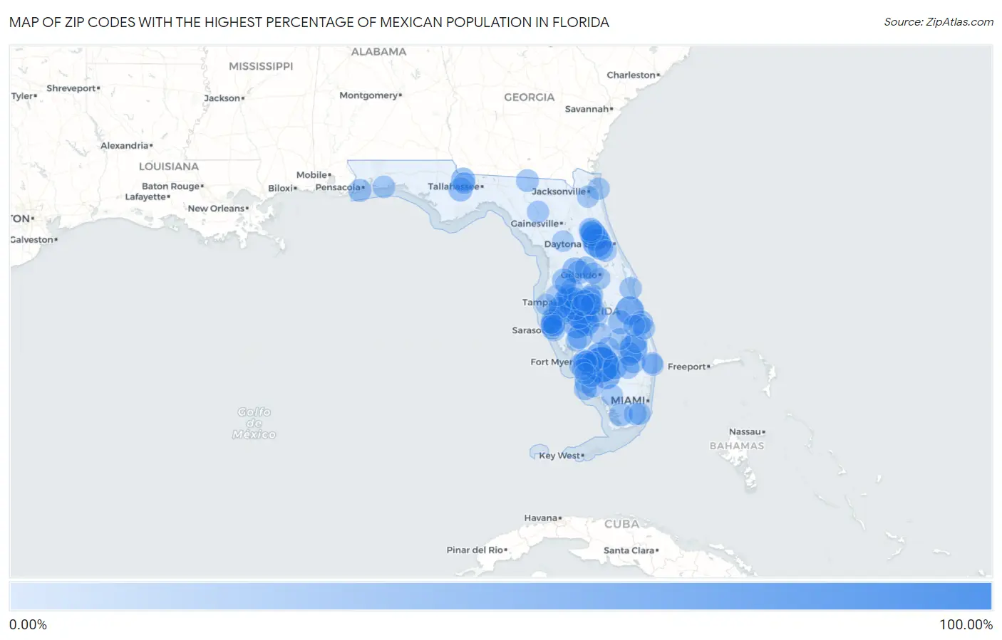 Zip Codes with the Highest Percentage of Mexican Population in Florida Map
