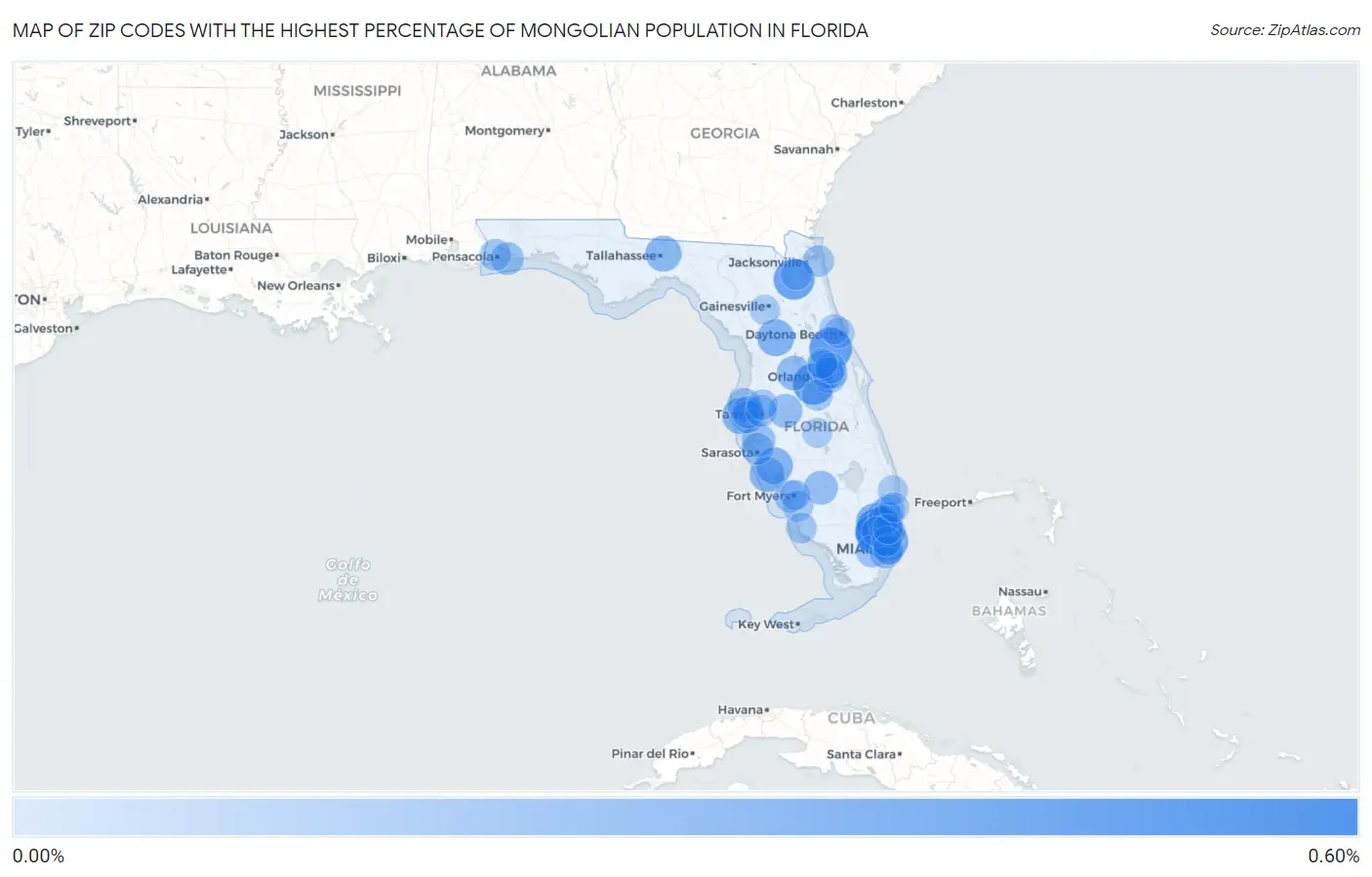 Zip Codes with the Highest Percentage of Mongolian Population in Florida Map