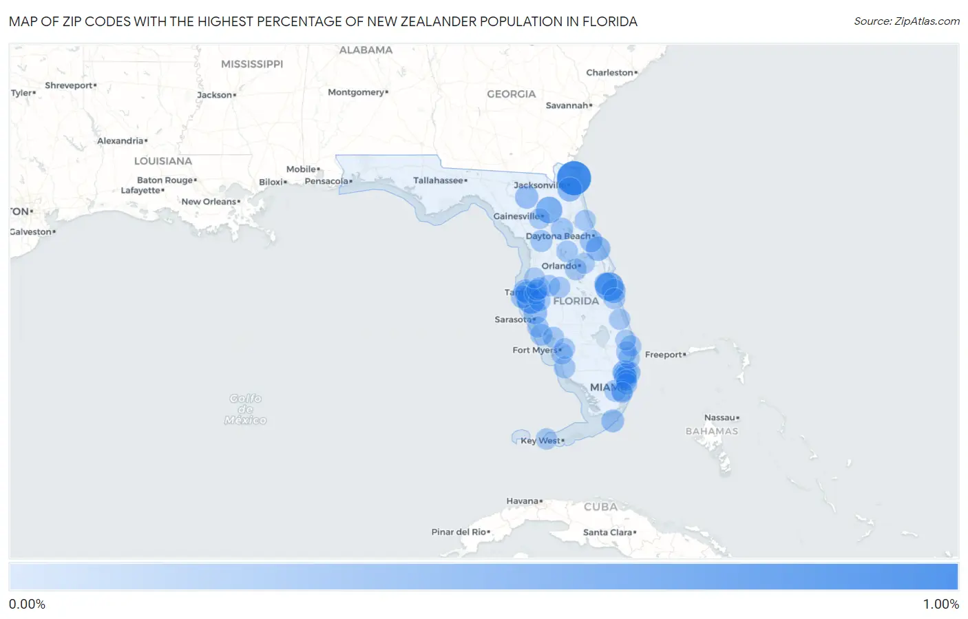 Zip Codes with the Highest Percentage of New Zealander Population in Florida Map