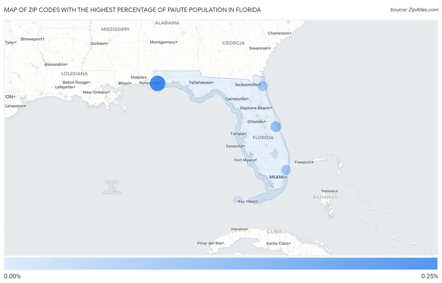 Zip Codes with the Highest Percentage of Paiute Population in Florida Map