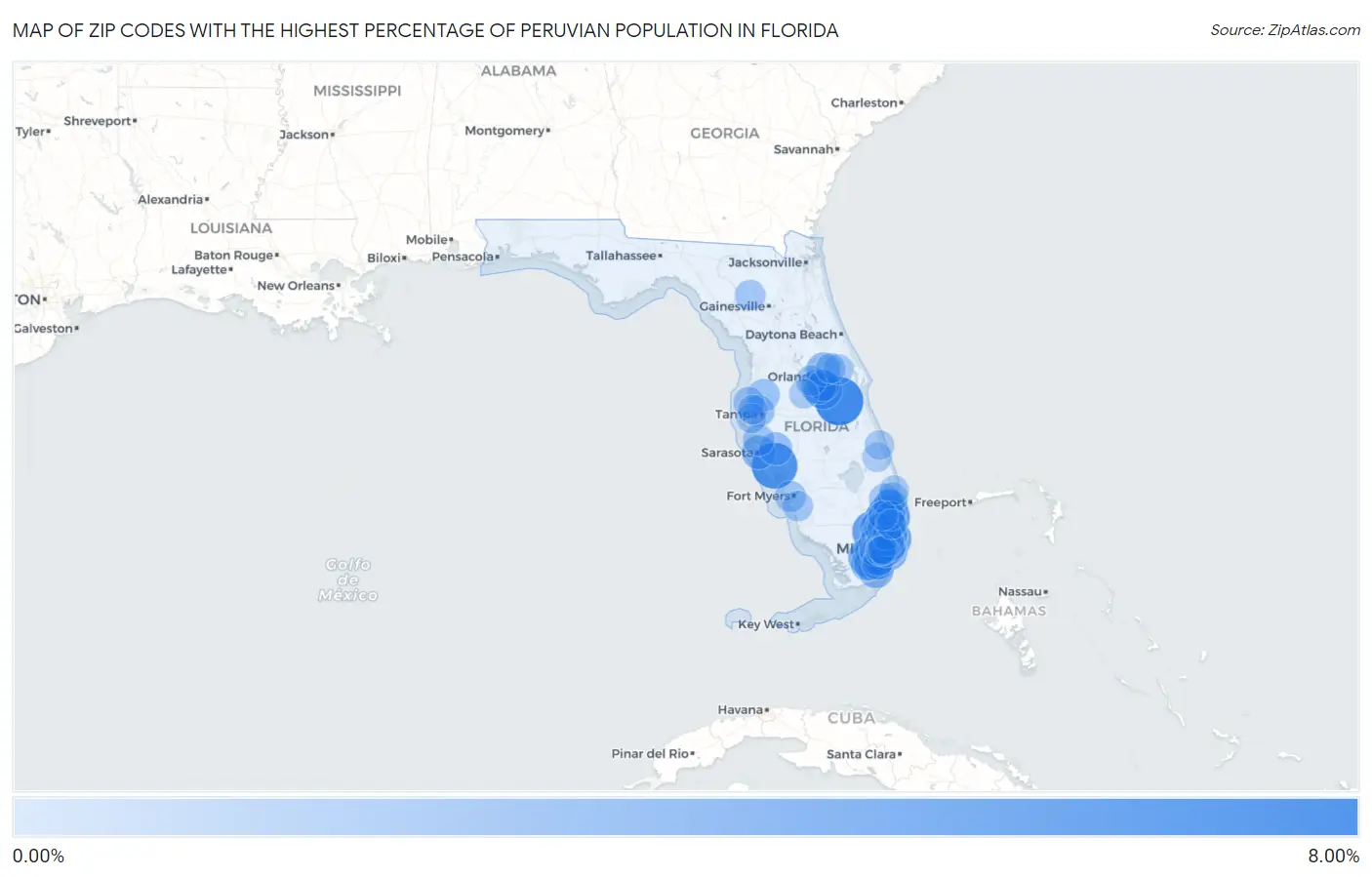 Zip Codes with the Highest Percentage of Peruvian Population in Florida Map