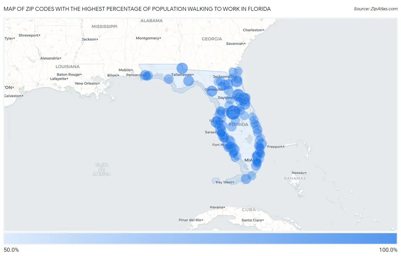 Zip Codes with the Highest Percentage of Population Walking to Work in Florida Map