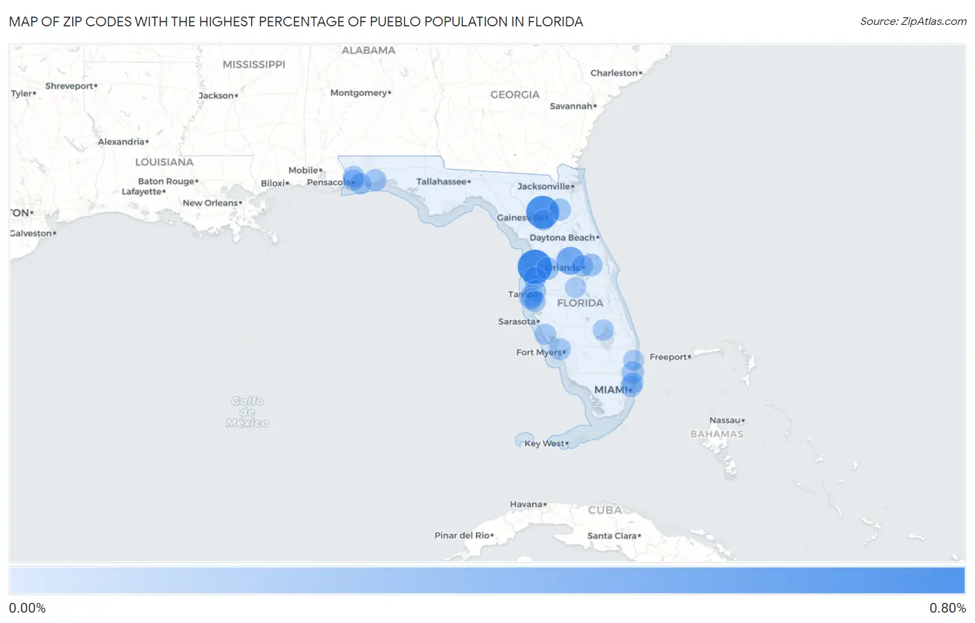 Zip Codes with the Highest Percentage of Pueblo Population in Florida Map