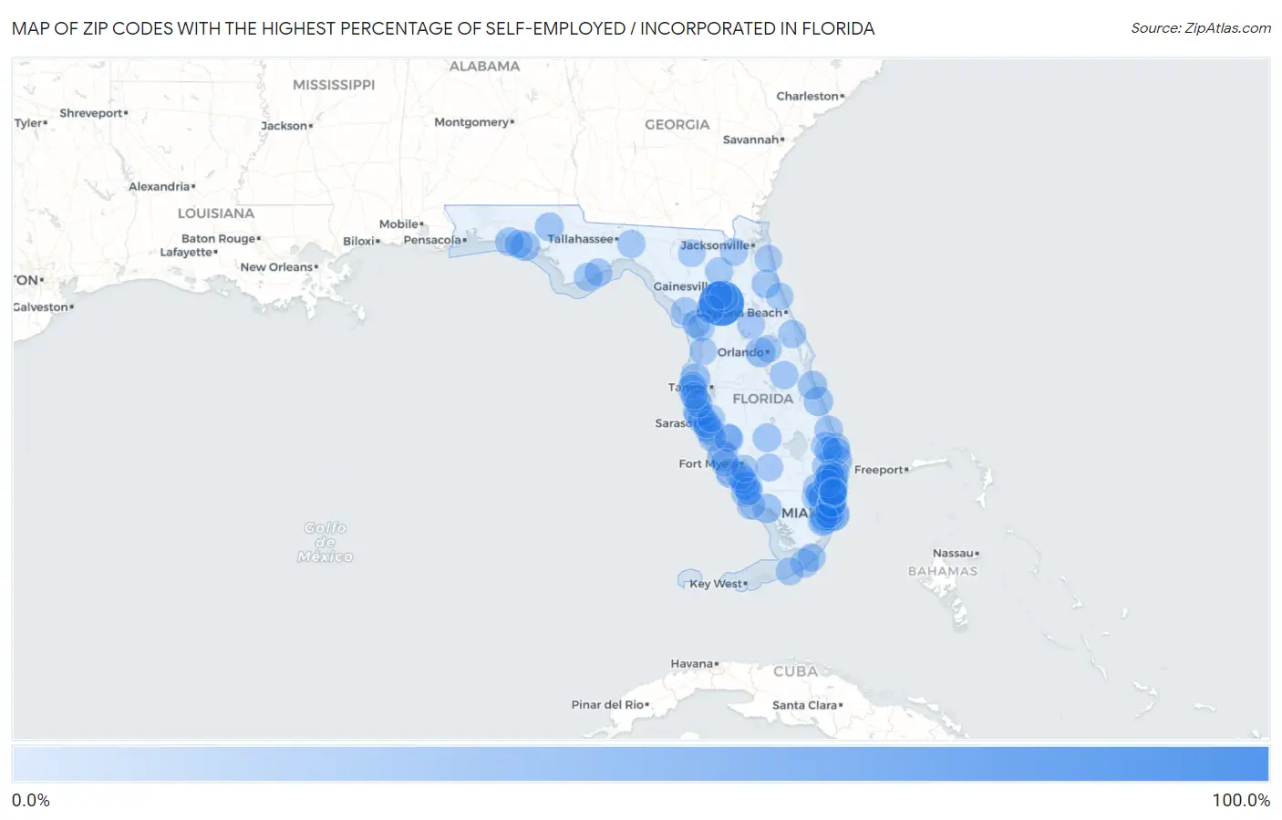 Zip Codes with the Highest Percentage of Self-Employed / Incorporated in Florida Map