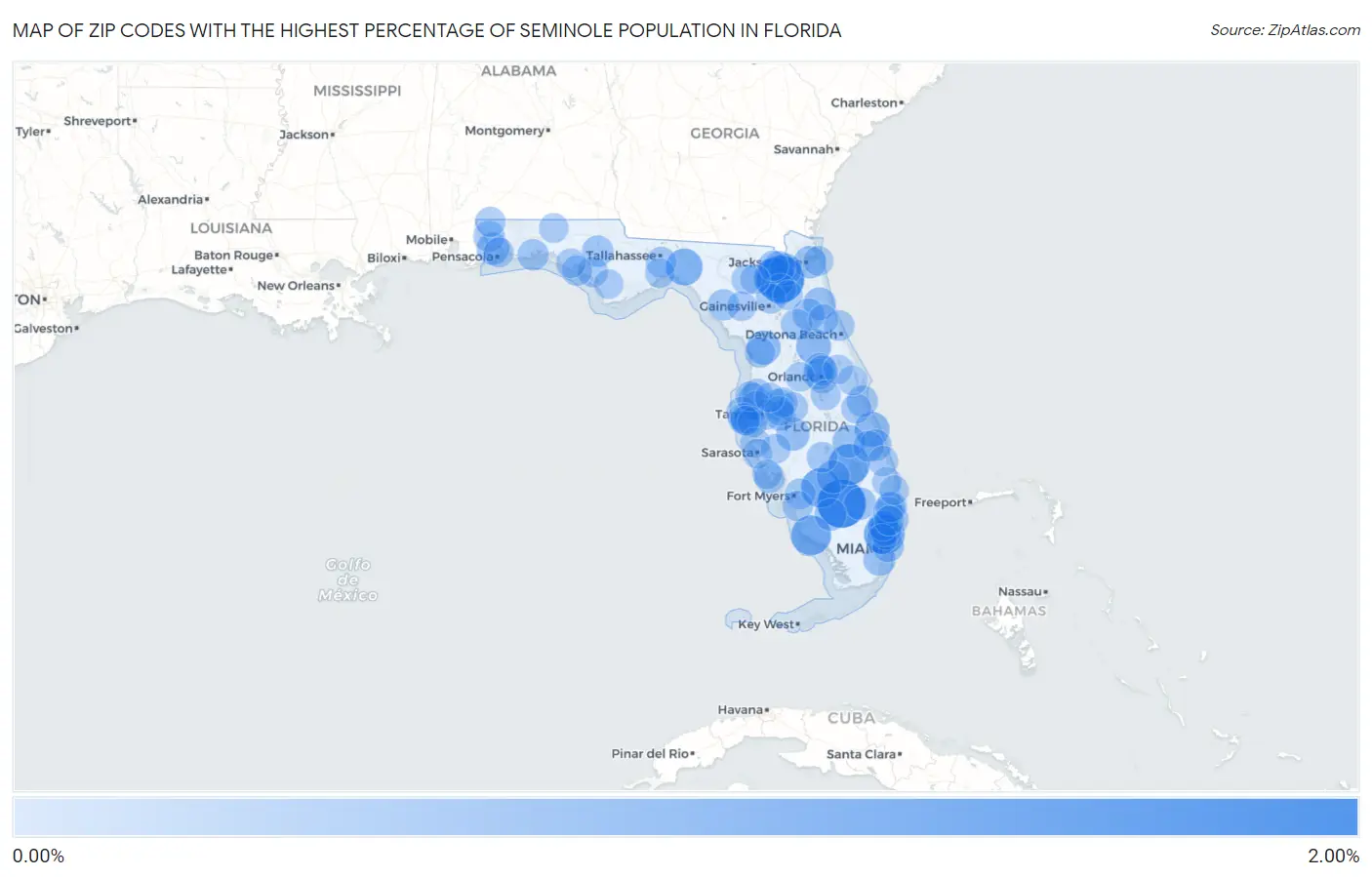 Zip Codes with the Highest Percentage of Seminole Population in Florida Map