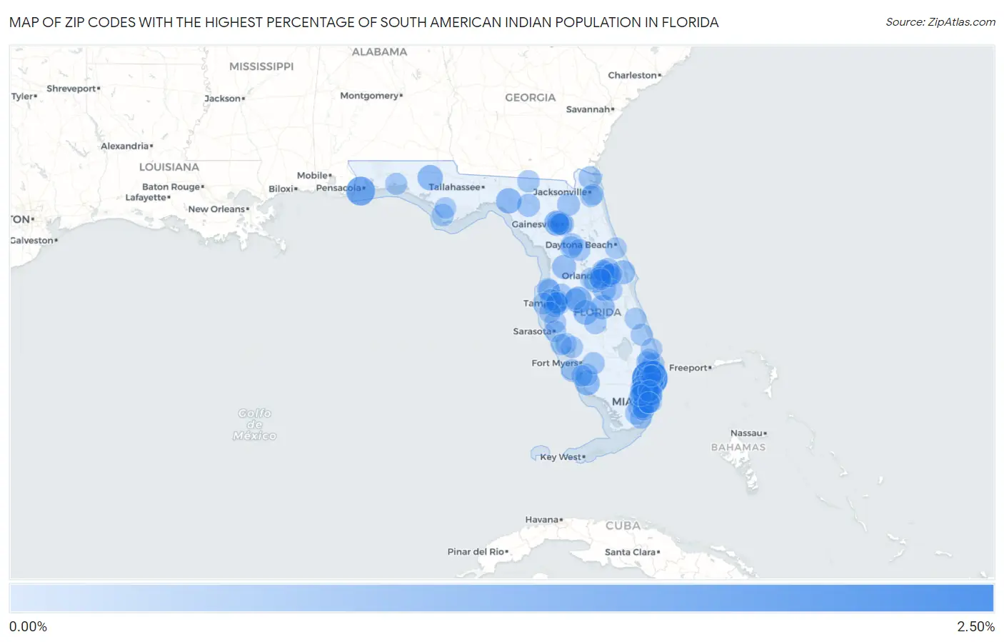 Zip Codes with the Highest Percentage of South American Indian Population in Florida Map